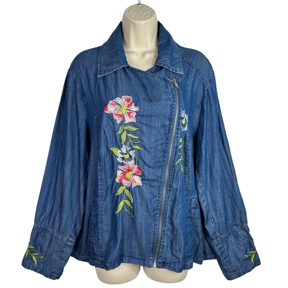Chelsea & Theodore Jacket Womens 2X Chambray Floral Embroidered Zip Plus Size